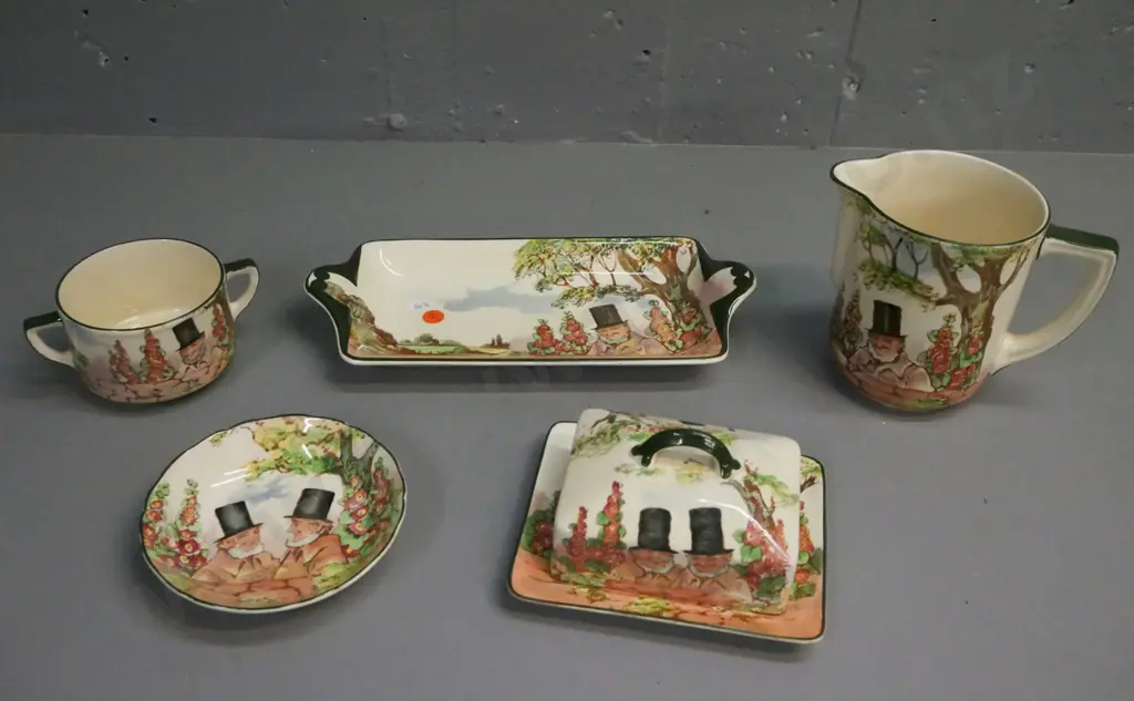 5x Royal Doulton Zunday Zmocks: Jug, sandwich tray, lidded butter dish, small dish and double-handled sugar. Jug H-130 Image 1++