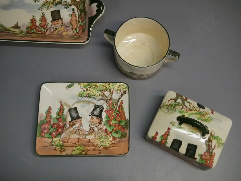 5x Royal Doulton Zunday Zmocks: Jug, sandwich tray, lidded butter dish, small dish and double-handled sugar. Jug H-130 Image 1++