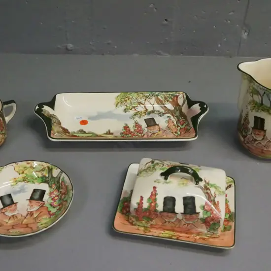 5x Royal Doulton Zunday Zmocks: Jug, sandwich tray, lidded butter dish, small dish and double-handled sugar. Jug H-130