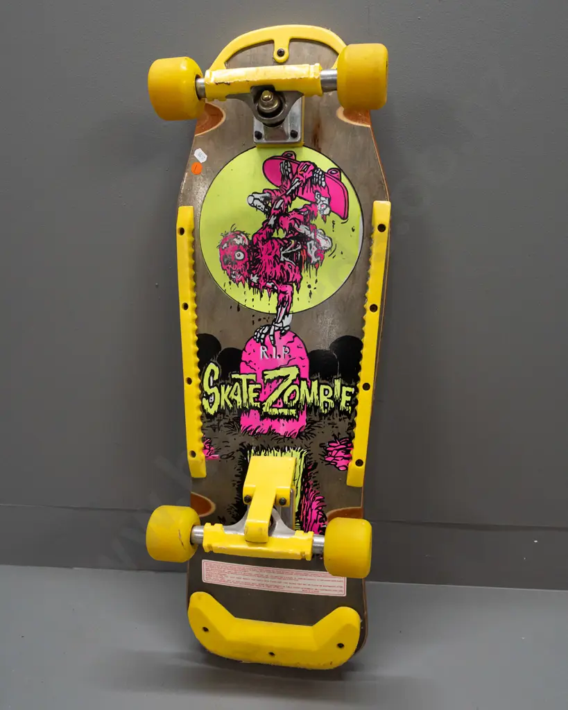 1980s skateboard with "Skate Zombie" design - good condition but some wear and scuffing from use, corrosion to screws Image 1++