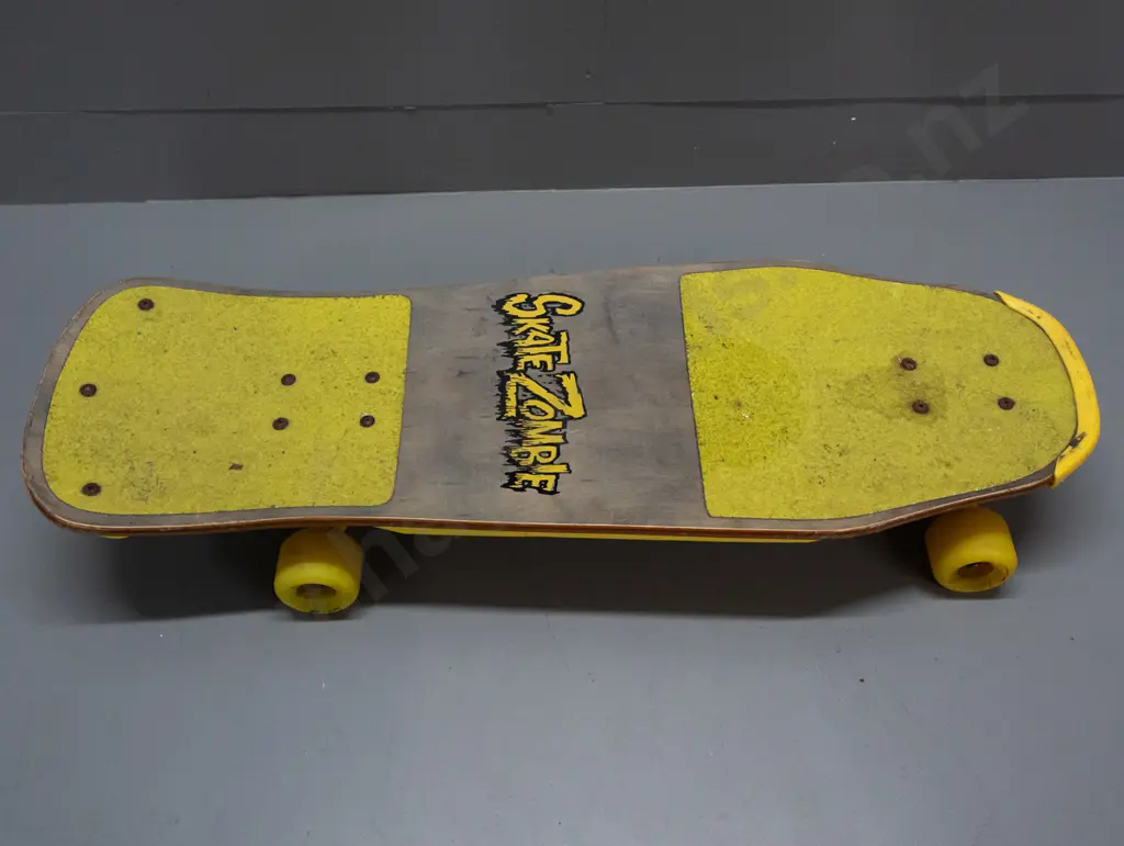 1980s skateboard with "Skate Zombie" design - good condition but some wear and scuffing from use, corrosion to screws Image 1++