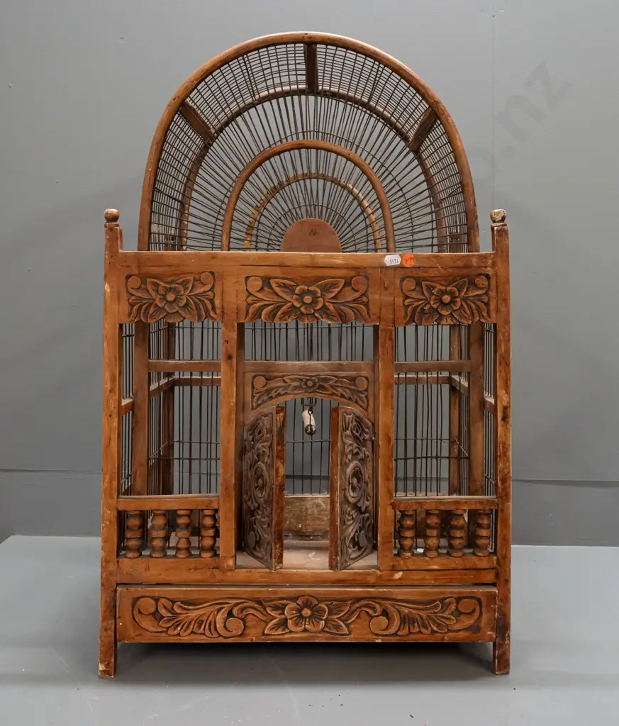 timber asian or Indian bird cage - hand-wired dome top, some corrosion and nibbling, needs a clean H-720 W-440 D-300 Image 1++