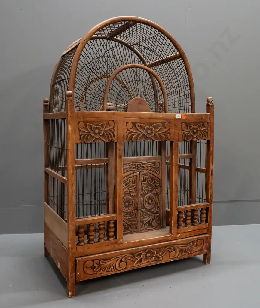 timber asian or Indian bird cage - hand-wired dome top, some corrosion and nibbling, needs a clean H-720 W-440 D-300 Image 1++