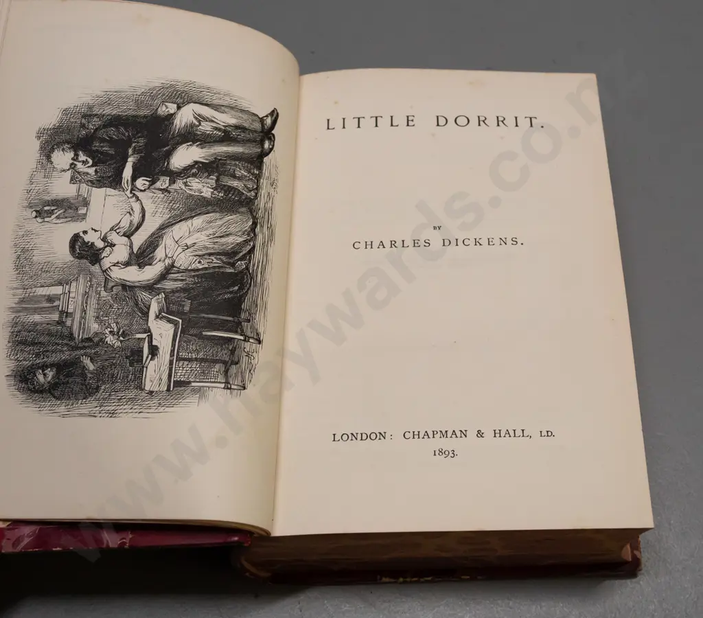 9 leather bond & marble covered volumes of Dicken's works (1893) Image 1++