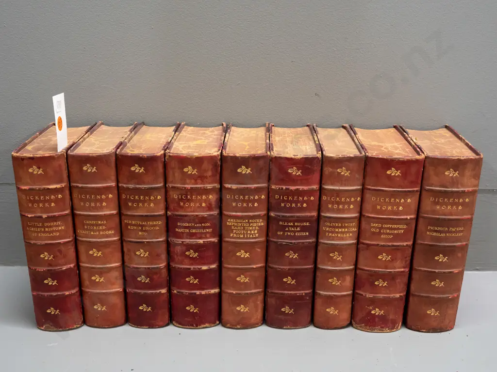 9 leather bond & marble covered volumes of Dicken's works (1893) Image 1++
