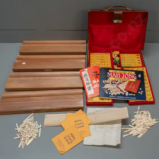 mahjong set in leather case with booklets, scorers, etc. & a set of 4 made in NZ made rimu tile holders L-420 D-125