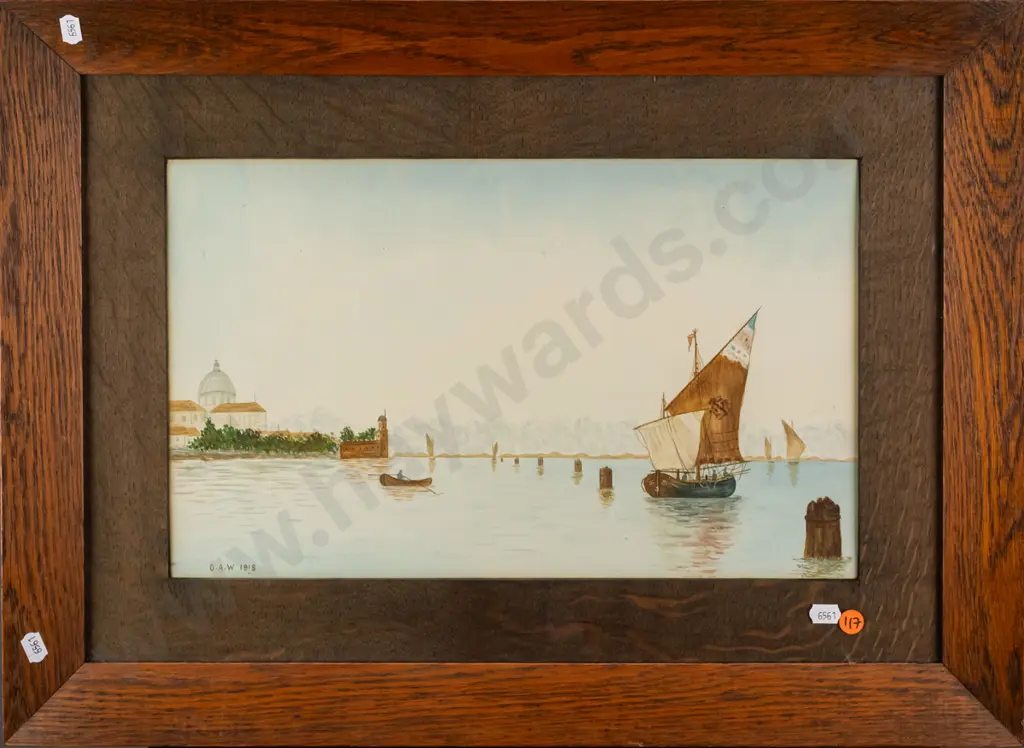 O.A.W 1918 - framed watercolour - coastal scene H240 W390 Image 1++