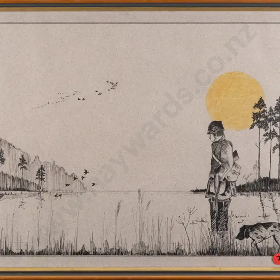 Barry Stevens '89 - framed pen "Return of the Hunter" H320 W440