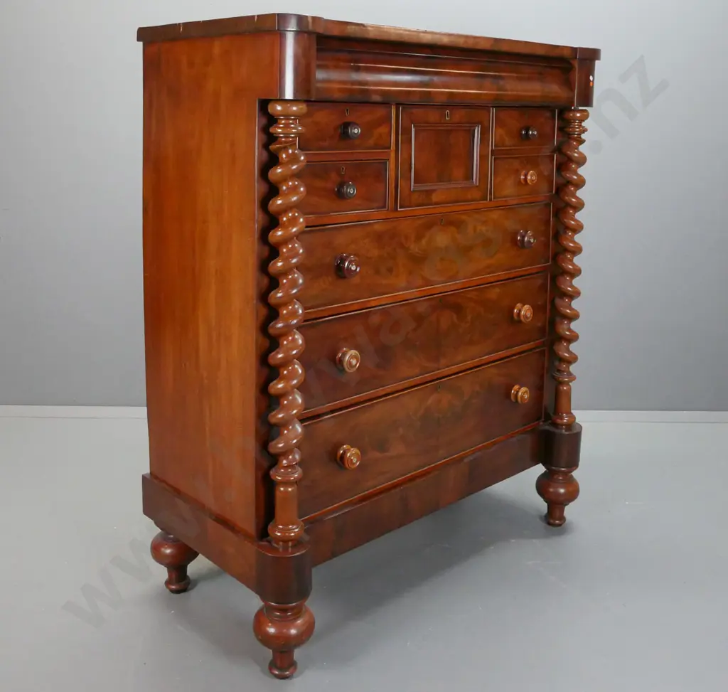 Victorian full-sized Scotch chest w/ flame mahogany drawer fronts, turned wooden knobs with mother-of-pearl inlay, brass Image 1++