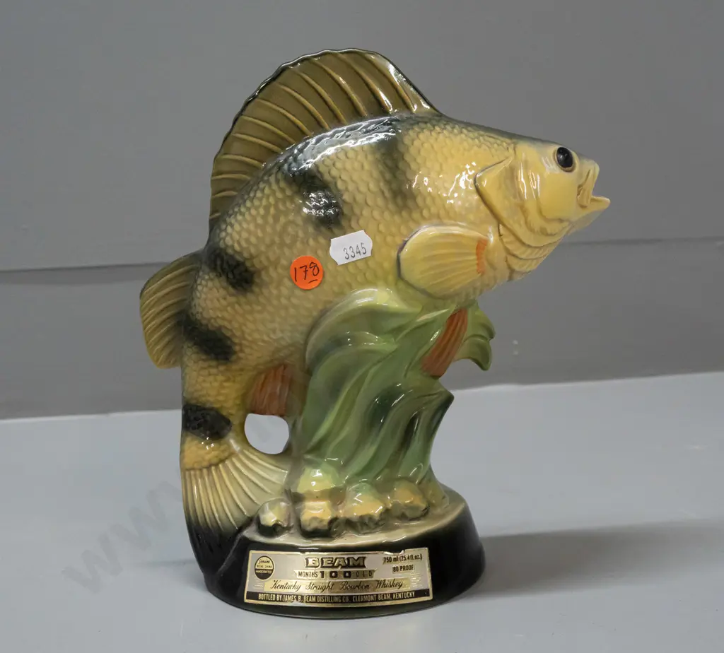 Jim Beam National Freshwater Fishing decanter, paper seal worn but intact, marked 1980 on base, label peeling away H245 Image 1++