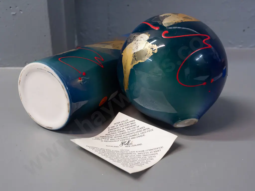 2 small Peter Collis studio pottery vases - cylindrical H-210 and a globe-shape bud vase Image 1++