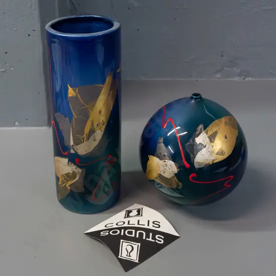 2 small Peter Collis studio pottery vases - cylindrical H-210 and a globe-shape bud vase