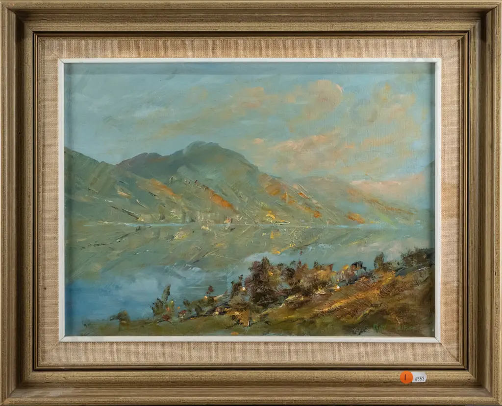 Ray Melhop 1980 - framed watercolour - Frankton Arm of Lake Wakatipu, viewed from Kelvin Heights side H290 W390 Image 1++