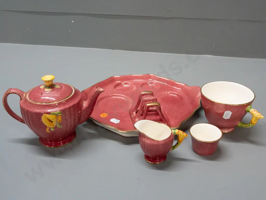 Royal Winton breakfast set with teapot, cup, jug, sugar and toast rack on tray - gilded decoration on coral pink - minor Image 1++
