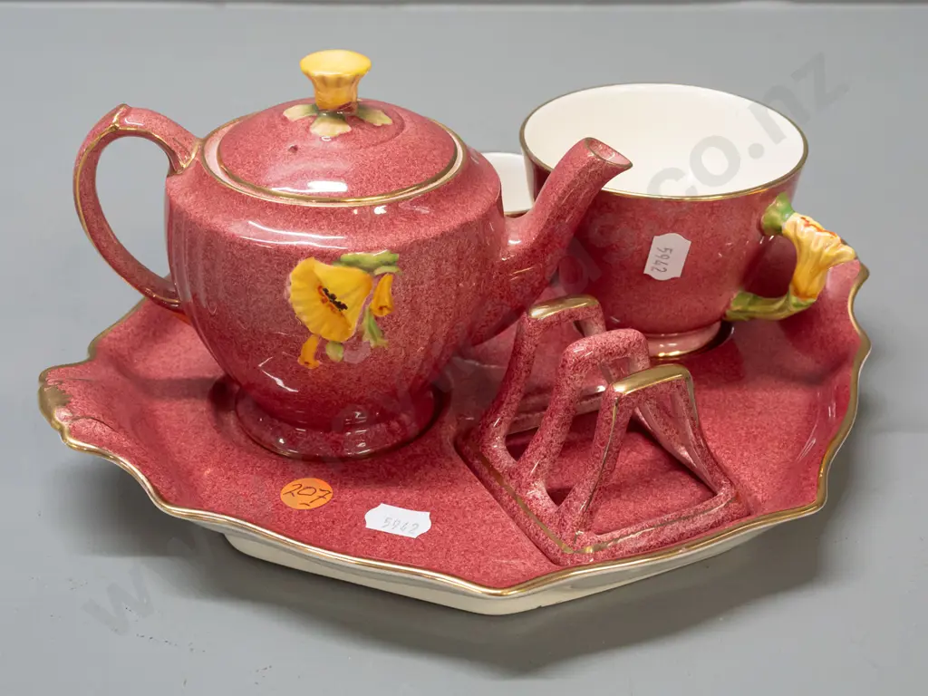 Royal Winton breakfast set with teapot, cup, jug, sugar and toast rack on tray - gilded decoration on coral pink - minor Image 1++