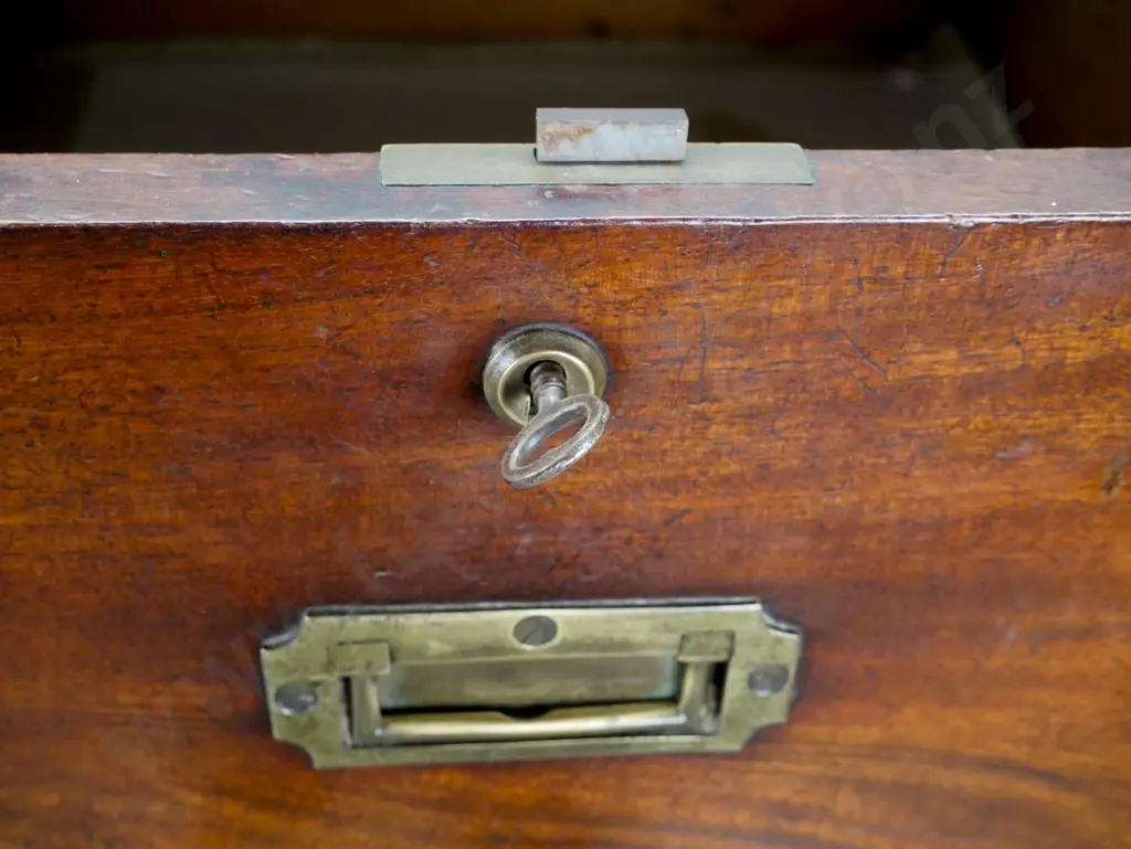 Victorian mahogany campaign 5-drawer chest-on-chest with Ross & Co. Dublin markings inside drawers. W/ brass strapping, Image 1++