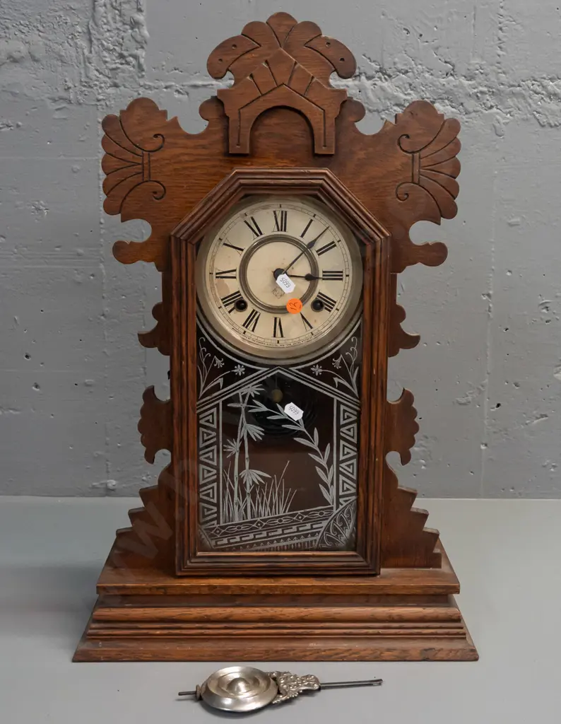 Ansonia mantle clock, carved & pierced decoration, glazed & etched glass door, pendulum key H570 W310 Not going Image 1++