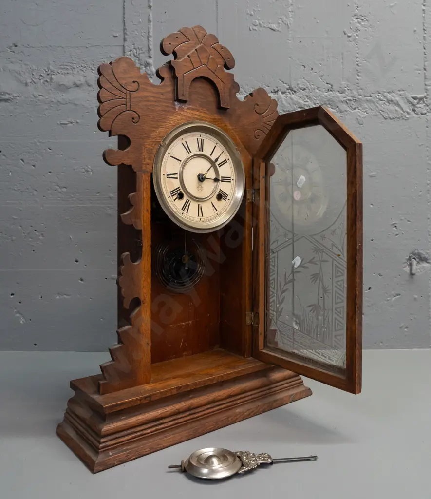 Ansonia mantle clock, carved & pierced decoration, glazed & etched glass door, pendulum key H570 W310 Not going Image 1++