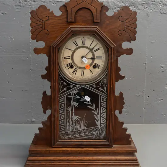 Ansonia mantle clock, carved & pierced decoration, glazed & etched glass door, pendulum key H570 W310 Not going