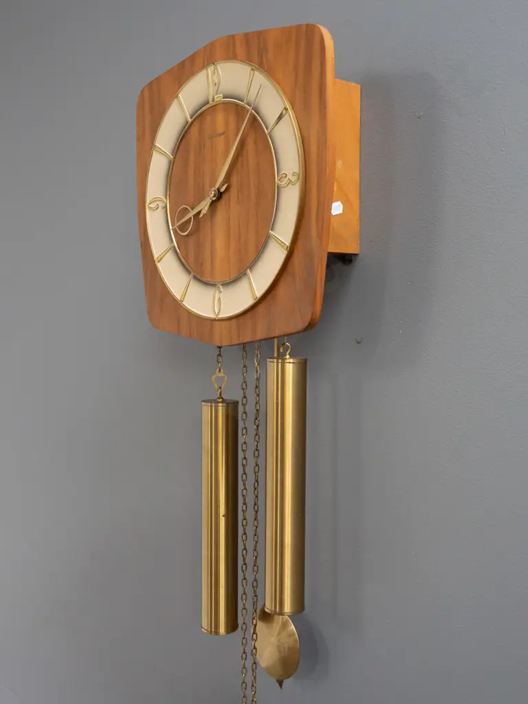 vintage Kieninger pendulum wall clock with teak veneer, brass hands, weights & pendulum. H-680 to bottom of pendulum, Image 1++