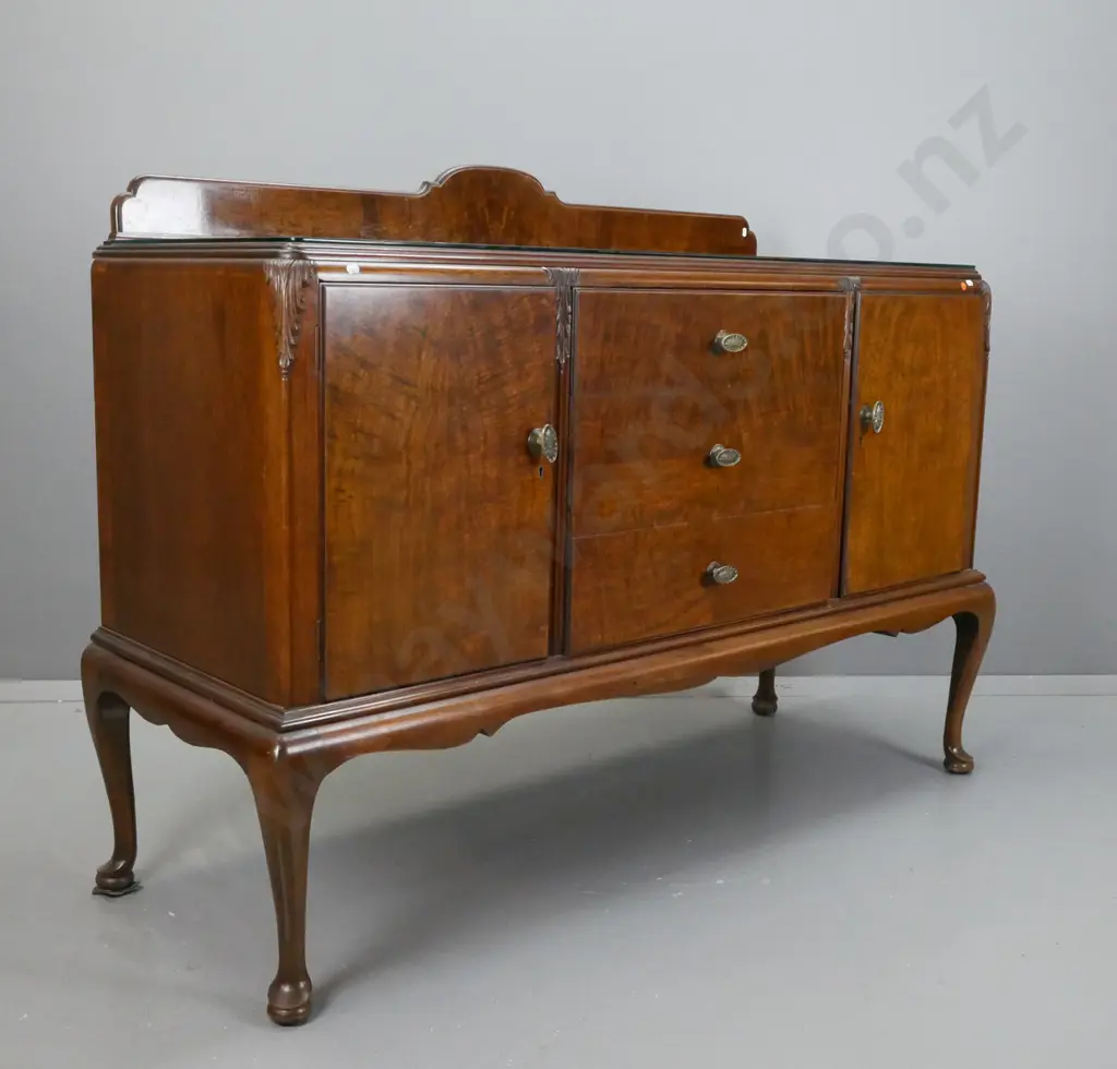 Art Deco walnut buffet sideboard back upstand bookmatched 4-segment walnut top, brass oval fanned knobs, 3 drawers 1 w/ Image 1++