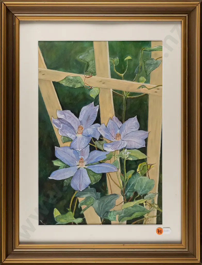 Janice Clark '01 - framed watercolour "Clematis" H360 W250 Image 1++