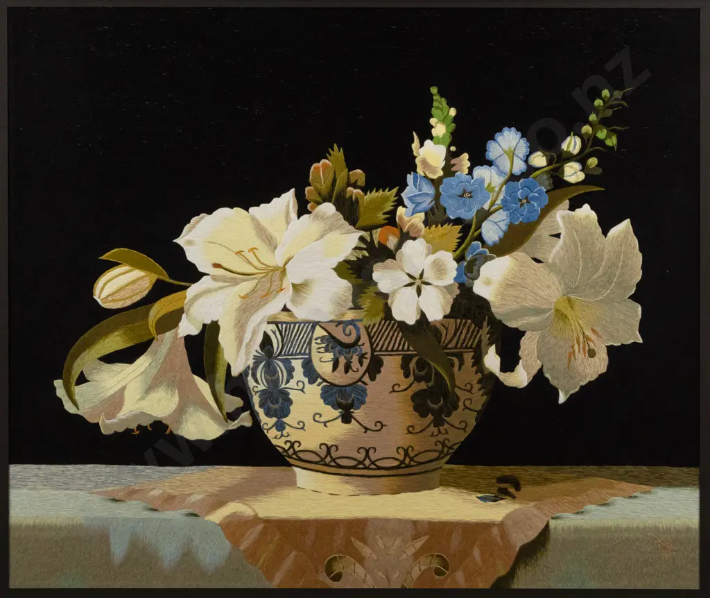 ornate gilt framed needlework - still life flowers Overall H900 W980 Image 1++