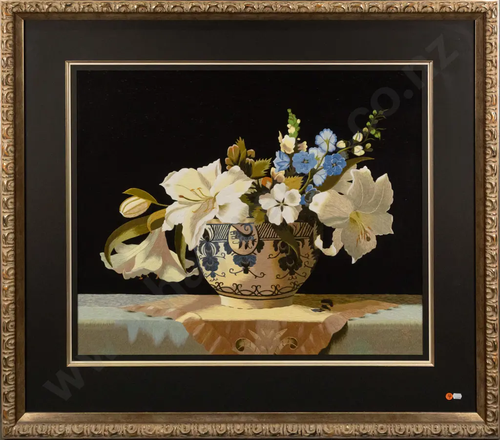 ornate gilt framed needlework - still life flowers Overall H900 W980 Image 1++