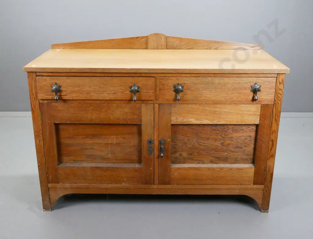 vintage arts & crafts oak sideboard, with 2 long drawers above 2 panel doors, metal drop handles, Image 1++