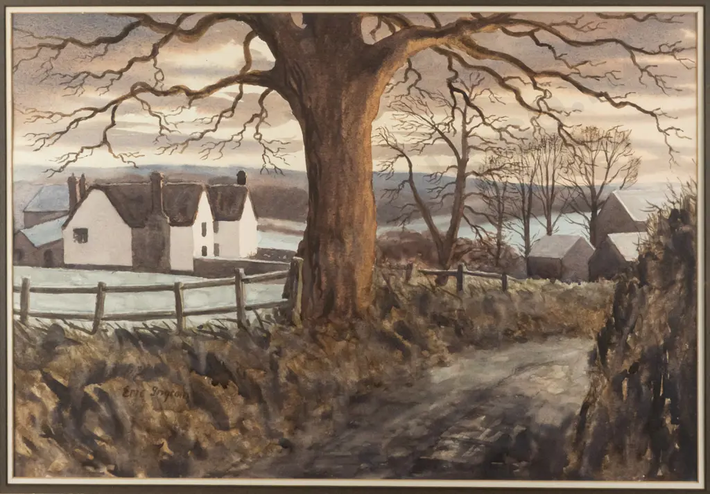 Eric Ingram - framed watercolour - houses and landscape H370 W540 Image 1++