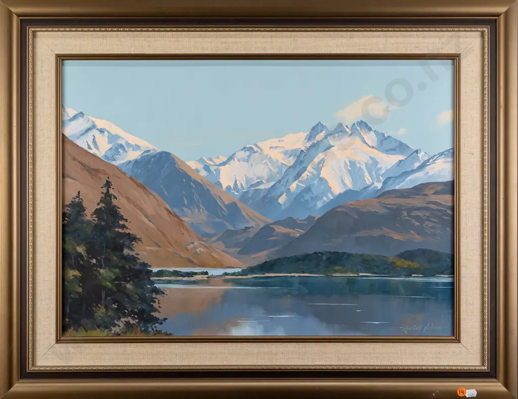 Kenneth Nelson 1977 - framed oil - "The Minaret Peaks, Lake Wanaka" H420 W590 Image 1++