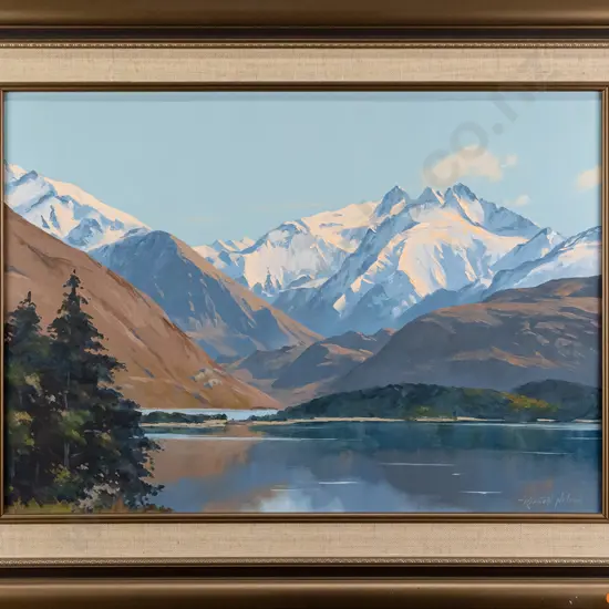 Kenneth Nelson 1977 - framed oil - "The Minaret Peaks, Lake Wanaka" H420 W590