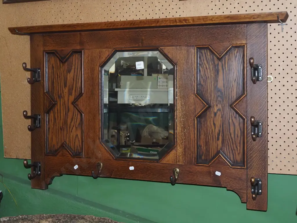 oak wall mounted coat rack with bevelled edge mirror with 6 coat hooks - has borer Image 1++