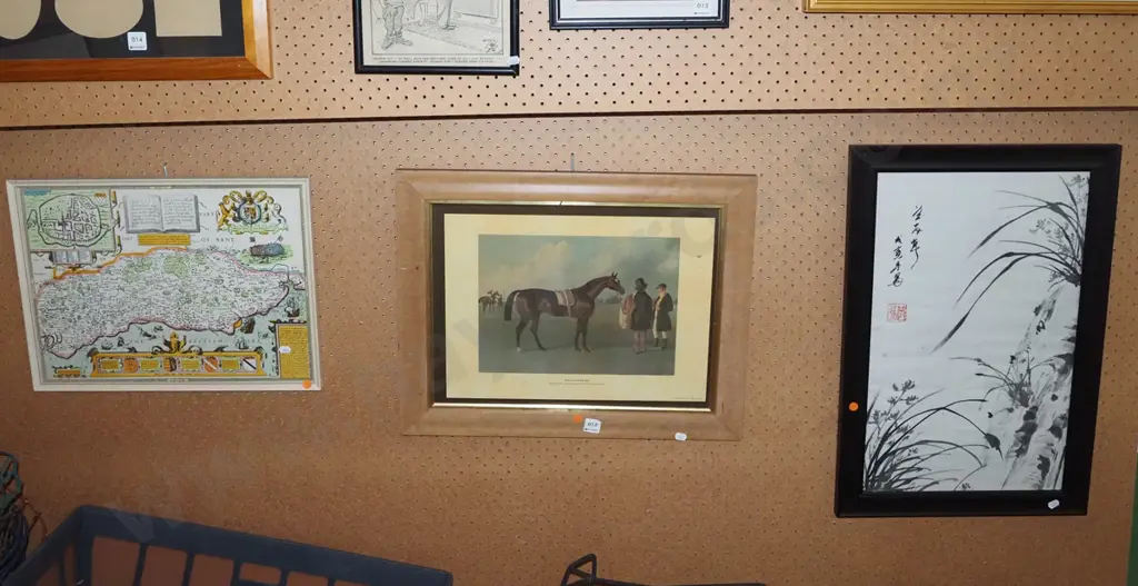 framed Asian watercolour, framed horse print, framed map of Kent - orange dots (some foxing) Image 1++