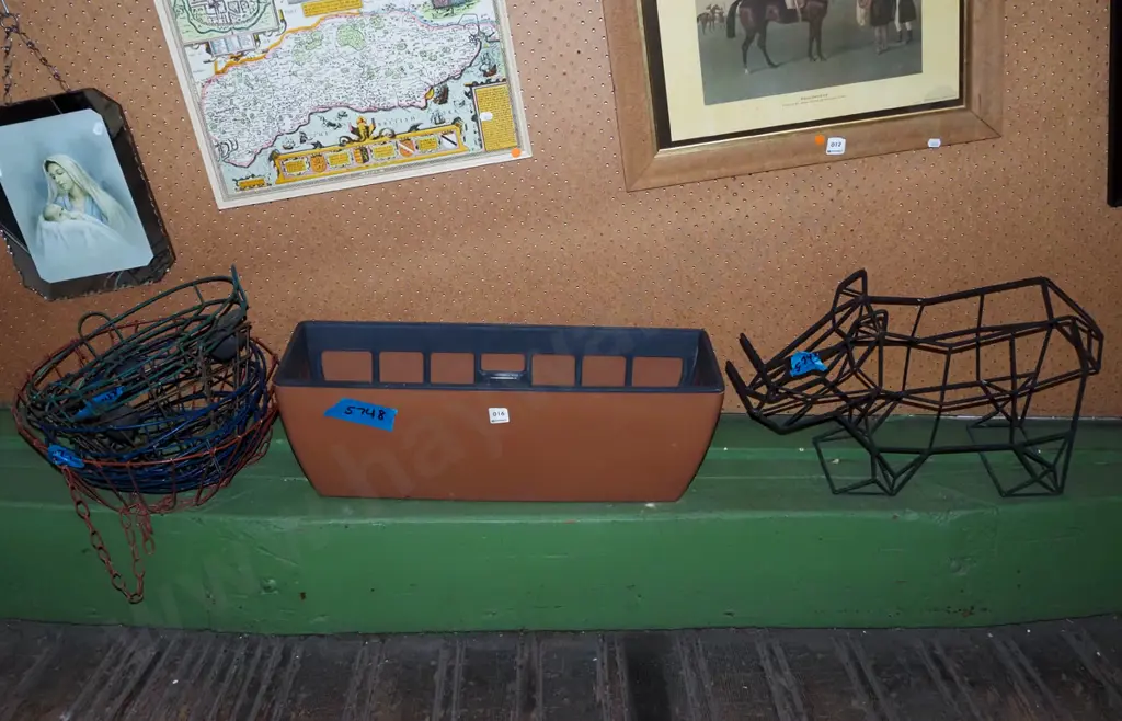 wrought metal rhino figurine, garden trough planter, hanging wire planter baskets Image 1++