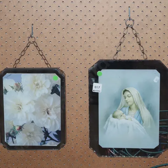 2x mirror framed prints - flowers, mother and child - green dots