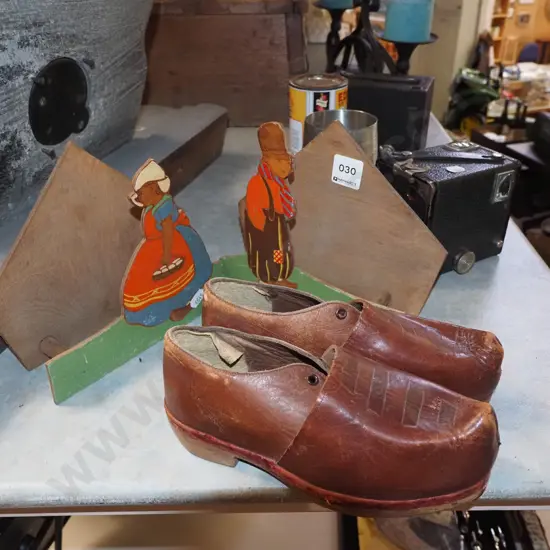 Dutch themed letter racks, pair of leather clogs
