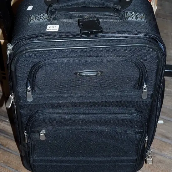 black fabric carry on suitcase