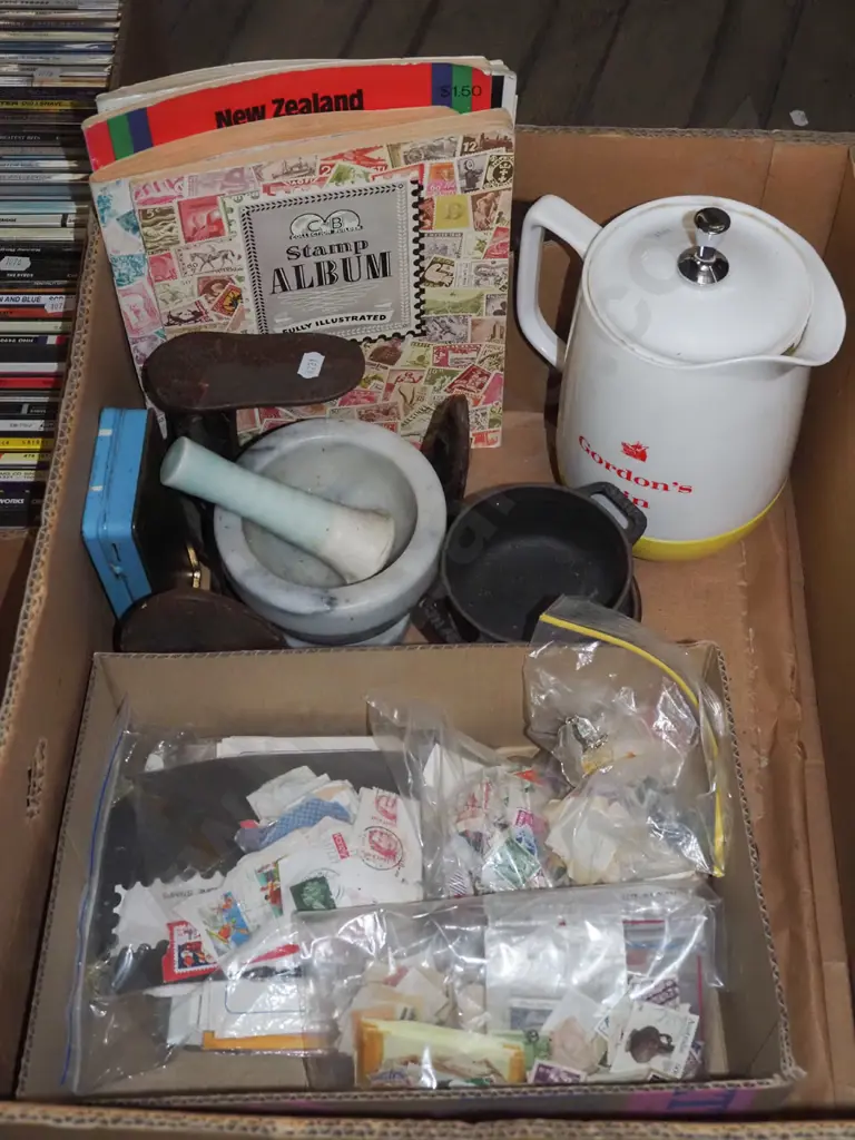 box; plastic jug, stamp album, mortar  Image 1++
