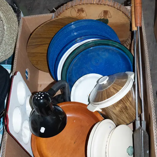 box; enamel plates, desk top lamp, camp fire toastie pie machine