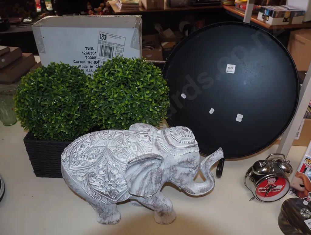 tin tray, metal stands, wooden elephant, faux shrubs etc Elephant H300 Image 1++