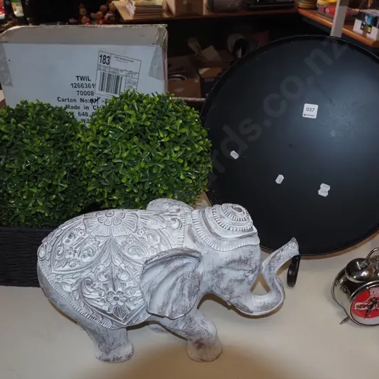 tin tray, metal stands, wooden elephant, faux shrubs etc Elephant H300