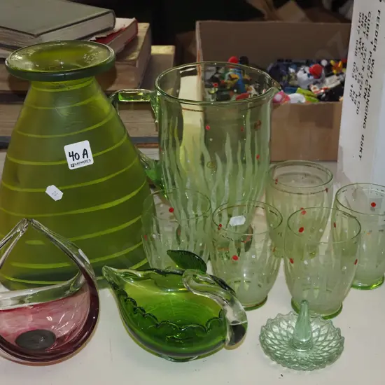 art glass vase, bowls, green glass part water set, ring dish