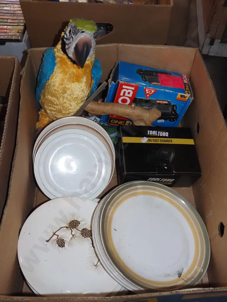 box; Crown Lynn plates, Ryobi battery charger etc Image 1++