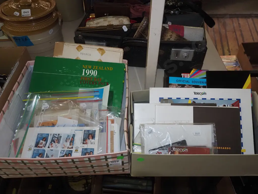 2x boxes of stamps, first day covers etc - green dots Image 1++