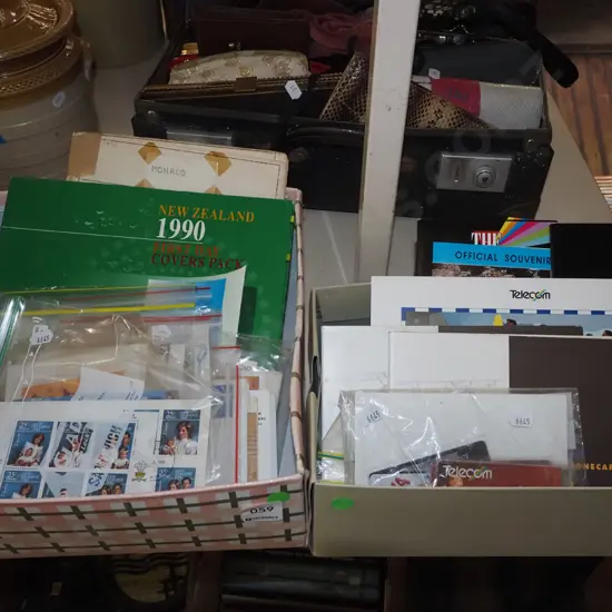 2x boxes of stamps, first day covers etc - green dots