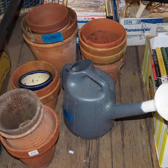 assorted terracotta garden planters, grey plastic watering can - slight crack to rose