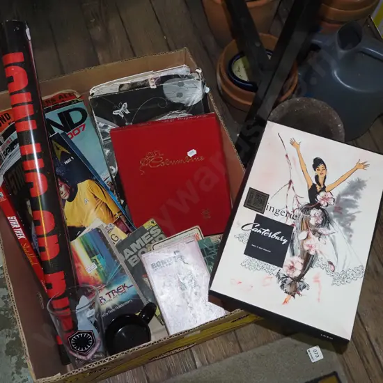 box; James Bond books, boxed lingerie, glass tumbler etc