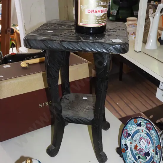 ebonised chip carved 2 tier jardiniere stand H460