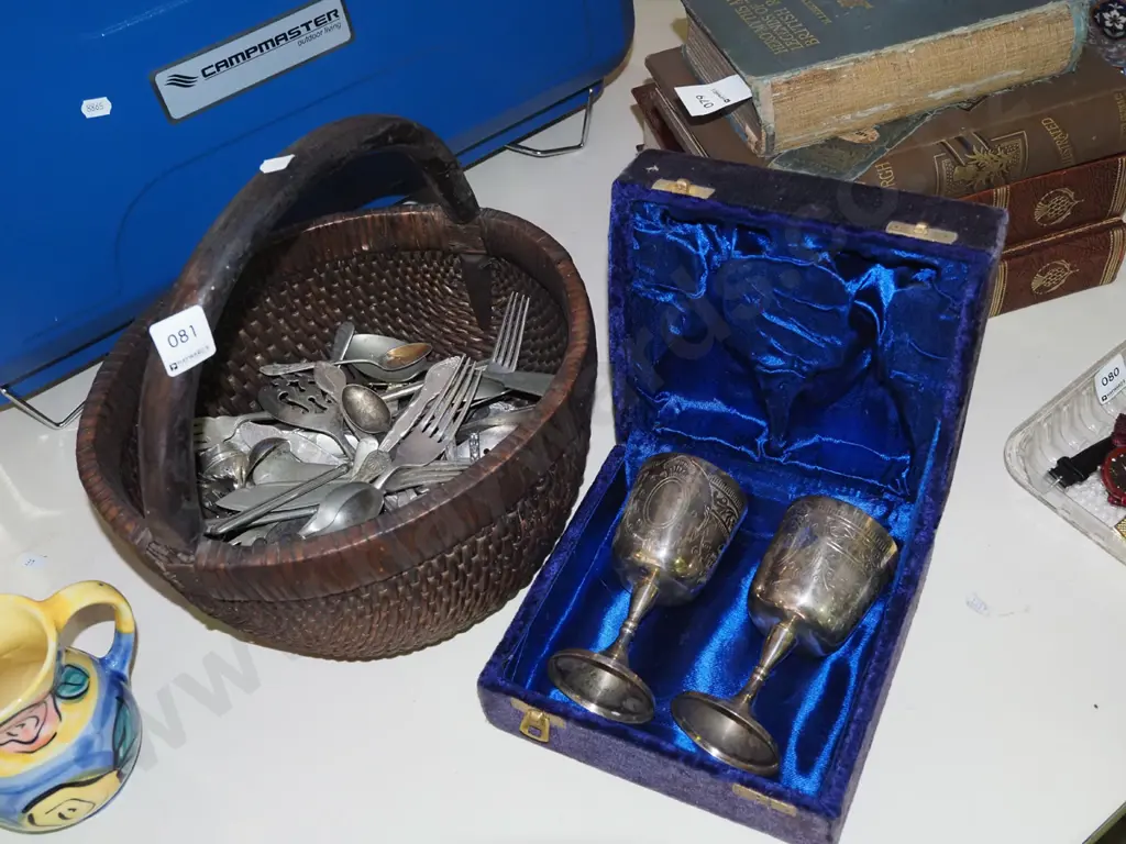 wood and cane basket, cutlery, 2x plated presentation goblets in case Image 1++